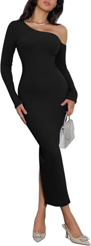 Yousify Womens One Shoulder Long Sleeve Party Dresses Back Slit Bodycon Cocktail Party Dress in Saudi Arabia