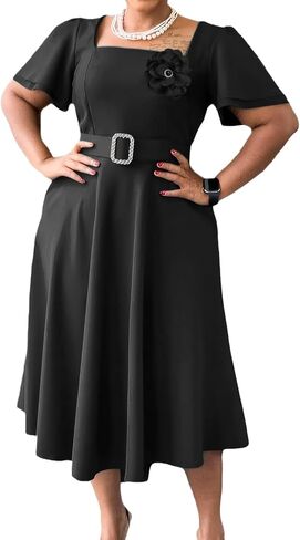 Elainone Women's Ruffle Short Sleeve Swing A Line Dress Party Wedding Guest Dressy Semi Formal Business Casual Dresses in Kuwait