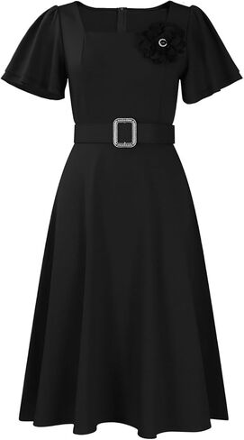 Elainone Women's Ruffle Short Sleeve Swing A Line Dress Party Wedding Guest Dressy Semi Formal Business Casual Dresses in Kuwait