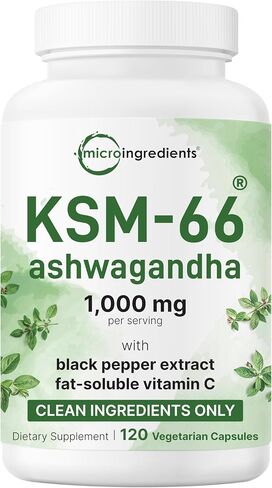 KSM-66 Ashwagandha 1,000mg Per Serving | 120 Veggie Capsules with Black Pepper for Better Absorption & Fat Soluble Vitamin C | Potent Root Extract | Stress, Relaxation, & Sleep Support | Filler Free in Saudi Arabia