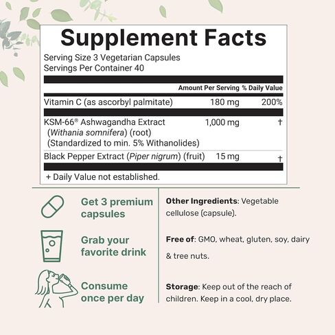 KSM-66 Ashwagandha 1,000mg Per Serving | 120 Veggie Capsules with Black Pepper for Better Absorption & Fat Soluble Vitamin C | Potent Root Extract | Stress, Relaxation, & Sleep Support | Filler Free in Saudi Arabia