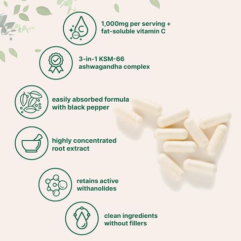 KSM-66 Ashwagandha 1,000mg Per Serving | 120 Veggie Capsules with Black Pepper for Better Absorption & Fat Soluble Vitamin C | Potent Root Extract | Stress, Relaxation, & Sleep Support | Filler Free in Saudi Arabia