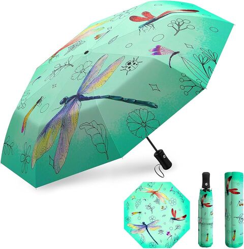 Compact Dragonfly Umbrella Flower Bug Gifts Folding Travel Inverted Umbrellas for Rain Windproof Portable Automatic Umbrellas Open Close Auto Sunshade Parasol Umbrella for Sun UV Protection in Saudi Arabia
