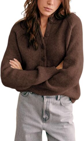 Bianstore Womens Casual Long Sleeve Crewneck Button Down Cardigan Chunky Knit Open Front Sweater Tops in Kuwait