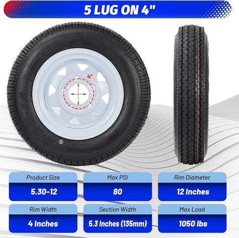 5.30-12 5.30x12 530-12 5.30-12 Trailer Tires with 12'' Rims, 5 Lug on 4.5", Load Range C, 6PR (530 12 with 5 lug) in Kuwait