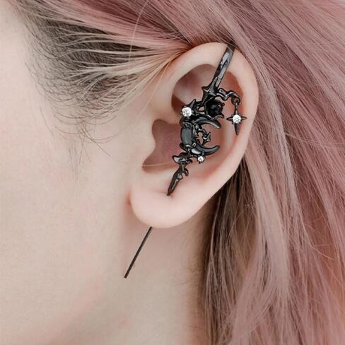 Vintage Ear Wrap Crawler Hook Earrings - Silver Black Cross Moon Star Design for Women - Punk Rock Gothic Rhinestone Wire Needle Jewelry in Saudi Arabia