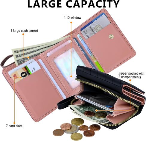 Cute Genuine Leather Wallet for Women Minimalist Kawaii Coin Purse with ID Window Travel Size (Pink) in Saudi Arabia