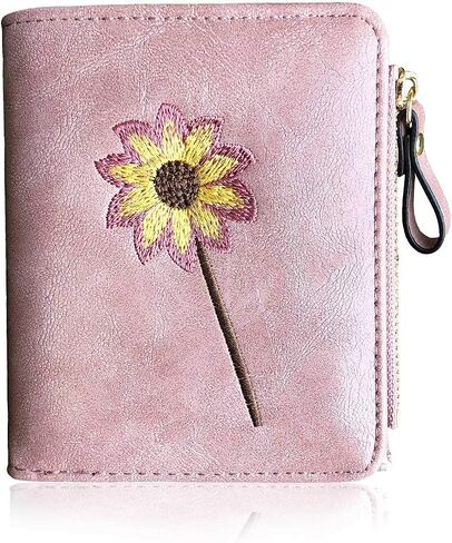 Real Leather Wallet Small Bifold RFID Blocking with Zipper Green (Pink) in Saudi Arabia