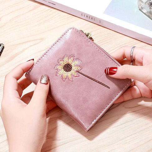 Real Leather Wallet Small Bifold RFID Blocking with Zipper Green (Pink) in Saudi Arabia