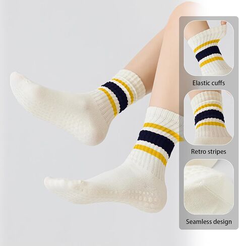 Vintage Pilates Socks with Grips for Women Retro Crew Socks Women in Saudi Arabia