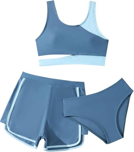 Girls Bikinis Set Kids 3 Pieces Swimsuit Quick Dry Bathing Suits Teens Blue Swimwear with Shorts 5-14T in Saudi Arabia