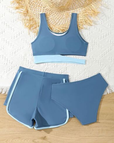 Girls Bikinis Set Kids 3 Pieces Swimsuit Quick Dry Bathing Suits Teens Blue Swimwear with Shorts 5-14T in Saudi Arabia