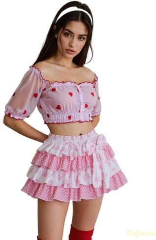 نساء Lolita Mini Skirt Sweet Y2K Floral Print with Rumbles & Bow Chiffon Pink Cake Skirt in Kuwait