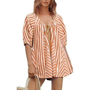 ReachMe Womens Summer Striped Rompers Oversized Puff Sleeve Wide Leg Romper Dress Trendy Beach Vacation Outfits in Kuwait