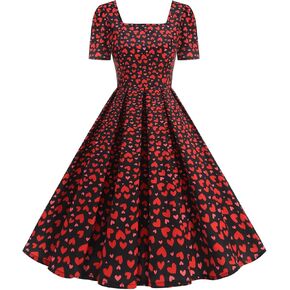 Valentine's Maxi Dresses for Women Heart Print Short Sleeve Pleated Dress Dressy Cute A-Line Flowy Swing Dresses in Kuwait