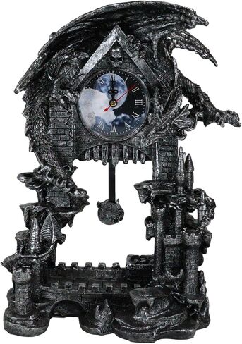 Ebros Gift Large Gothic Smaug Dragon Overlord Guarding Middle Earth Man Castle Pendulum Table Clock Sculpture 13.25" Tall with Roman Numerals Accent Desktop Clocks Collectible Figurine in Saudi Arabia