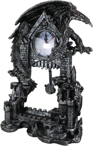 Ebros Gift Large Gothic Smaug Dragon Overlord Guarding Middle Earth Man Castle Pendulum Table Clock Sculpture 13.25" Tall with Roman Numerals Accent Desktop Clocks Collectible Figurine in Saudi Arabia