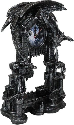 Ebros Gift Large Gothic Smaug Dragon Overlord Guarding Middle Earth Man Castle Pendulum Table Clock Sculpture 13.25" Tall with Roman Numerals Accent Desktop Clocks Collectible Figurine in Saudi Arabia