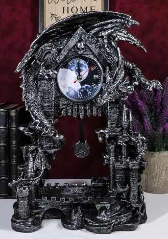 Ebros Gift Large Gothic Smaug Dragon Overlord Guarding Middle Earth Man Castle Pendulum Table Clock Sculpture 13.25" Tall with Roman Numerals Accent Desktop Clocks Collectible Figurine in Saudi Arabia