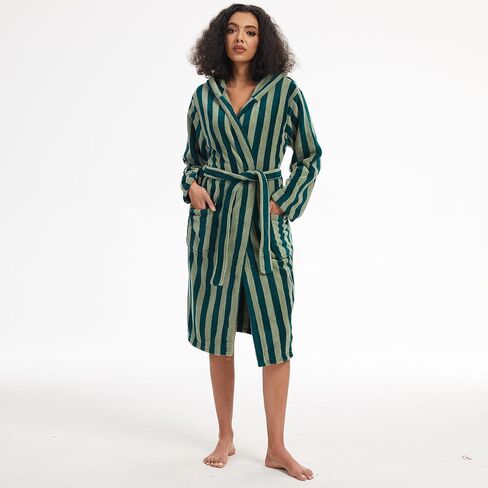 Retro Terry Striped Robes For Women Cotton Kimono Towel Terry Cloth Bathrobe Knee High Length in Saudi Arabia