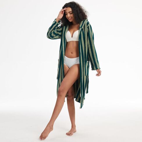 Retro Terry Striped Robes For Women Cotton Kimono Towel Terry Cloth Bathrobe Knee High Length in Saudi Arabia