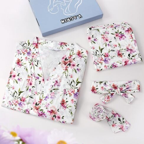 V.&GRIN Mommy and Me Robe and Swaddle Set, Maternity Robe and Matching Baby Blanket | Hospital Outfits Labor Delivery in Kuwait