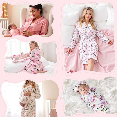 V.&GRIN Mommy and Me Robe and Swaddle Set, Maternity Robe and Matching Baby Blanket | Hospital Outfits Labor Delivery in Kuwait