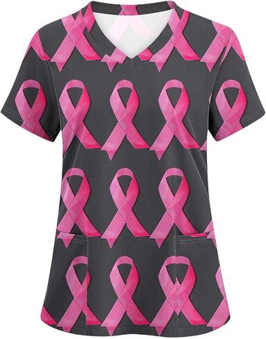 Scrubs Pink Ribbon Breast Cancer Awareness Scrub Top for Women Short Sleeve V Neck Nursing Uniform Soft Caregiver Tops in Saudi Arabia