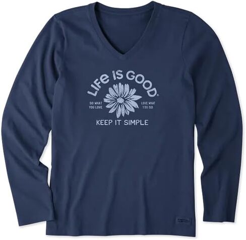 Life is Good. Women's Crafty Keep it Simple Daisy Long Sleeve Crusher-LITE Vee, Darkest Blue in Saudi Arabia