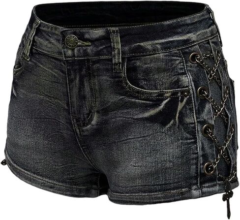 Wdirara Women's Vintage Bunk Chain Lace Up Denim Micro Shorts Low Rise Jean Shorts in Saudi Arabia