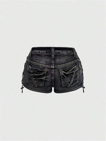 Wdirara Women's Vintage Bunk Chain Lace Up Denim Micro Shorts Low Rise Jean Shorts in Saudi Arabia