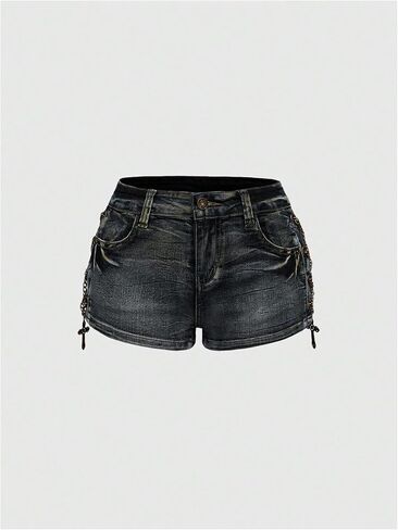 Wdirara Women's Vintage Bunk Chain Lace Up Denim Micro Shorts Low Rise Jean Shorts in Saudi Arabia
