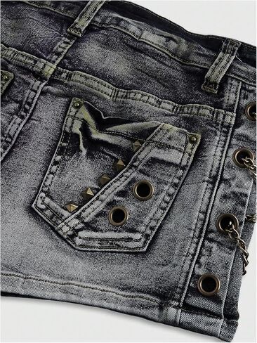 Wdirara Women's Vintage Bunk Chain Lace Up Denim Micro Shorts Low Rise Jean Shorts in Saudi Arabia