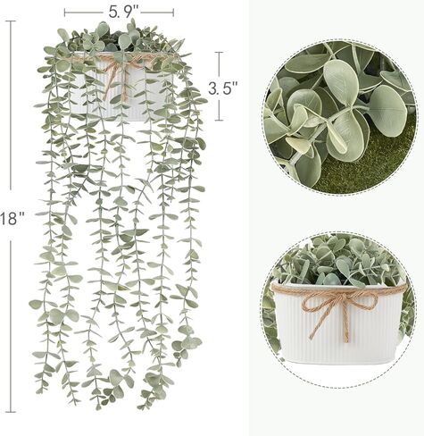 نباتات مكونو المعلقة المزيفة في المزرعة والأواني المجلفنة الريفية الصناعية بوعاء الأوكالبتوس الخضراء والنباتات الاصطناعية الداخلية لرف الكتب وغرفة المعيشة والحمام وغرفة النوم وديكور المنزل والمكتب in Kuwait