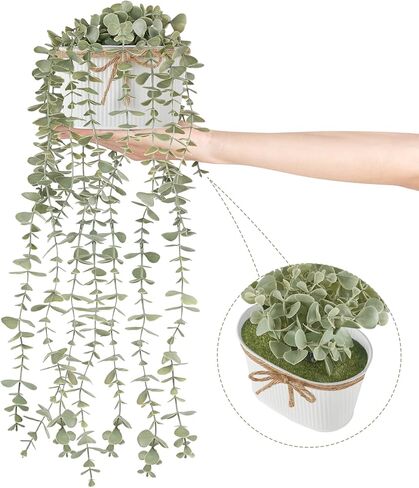 نباتات مكونو المعلقة المزيفة في المزرعة والأواني المجلفنة الريفية الصناعية بوعاء الأوكالبتوس الخضراء والنباتات الاصطناعية الداخلية لرف الكتب وغرفة المعيشة والحمام وغرفة النوم وديكور المنزل والمكتب in Kuwait