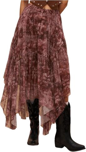 Women's Floral Asymmetrical Midi Skirt Boho Ruffle Mesh Elastic High Waist A Line Flowy Skirt Vintage Pirate Skirt in Kuwait