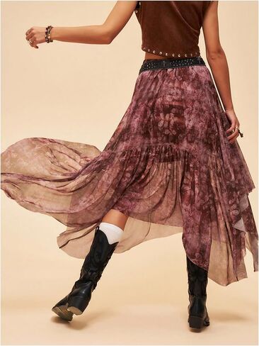 Women's Floral Asymmetrical Midi Skirt Boho Ruffle Mesh Elastic High Waist A Line Flowy Skirt Vintage Pirate Skirt in Kuwait