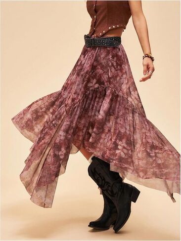 Women's Floral Asymmetrical Midi Skirt Boho Ruffle Mesh Elastic High Waist A Line Flowy Skirt Vintage Pirate Skirt in Kuwait