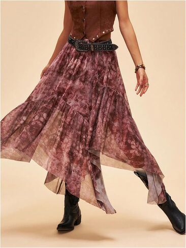 Women's Floral Asymmetrical Midi Skirt Boho Ruffle Mesh Elastic High Waist A Line Flowy Skirt Vintage Pirate Skirt in Kuwait