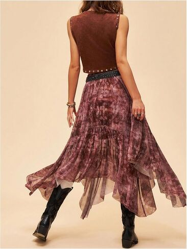 Women's Floral Asymmetrical Midi Skirt Boho Ruffle Mesh Elastic High Waist A Line Flowy Skirt Vintage Pirate Skirt in Kuwait