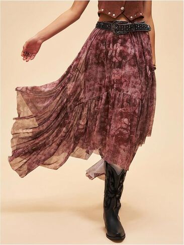 Women's Floral Asymmetrical Midi Skirt Boho Ruffle Mesh Elastic High Waist A Line Flowy Skirt Vintage Pirate Skirt in Kuwait