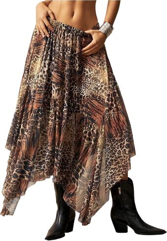 نساء الأزهار الزهرية غير متناظرة Midi Skirt Boho كشكش شبكة مرنة عالية الخصر in Kuwait