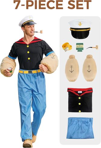 Arvilhill Men's 7 Pcs Popeye Costumes Halloween Deluxe Full Set Sailor Outfits (S-3XL) in Saudi Arabia