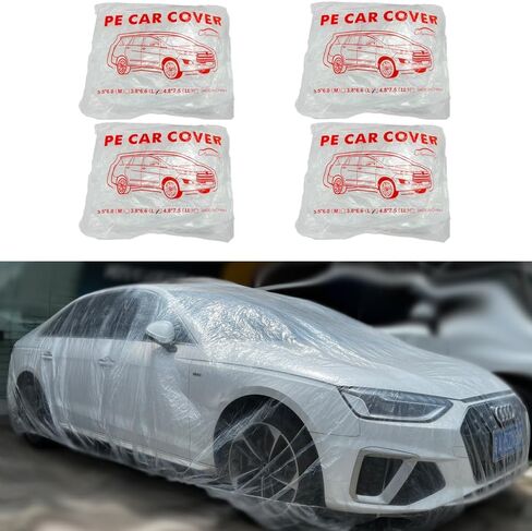 4 Packs Disposable Car Cover Clear Plastic Car Cover Universal Rain Dust Garage Cover with Elastic Band Medium (12.4 FT x 21.6 FT) in Saudi Arabia