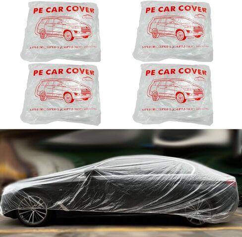 4 Packs Disposable Car Cover Clear Plastic Car Cover Universal Rain Dust Garage Cover with Elastic Band Medium (12.4 FT x 21.6 FT) in Saudi Arabia