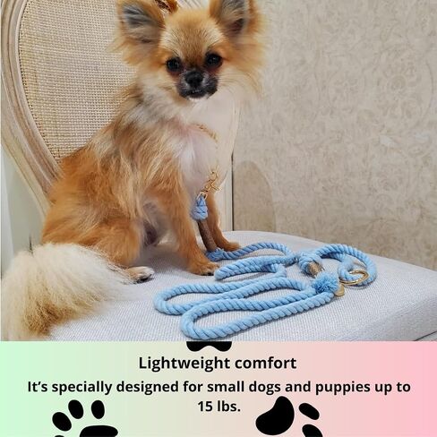 TinyPup Premium Rope Leash for 10 lbs Dogs, 5ft Soft Braided Cotton Rope Leash for Small Dogs, Lightweight Dog Leash with 360-Degree Snap Clip, Comes with Designer Gift Bag;Light Blue Dog Leash in Kuwait