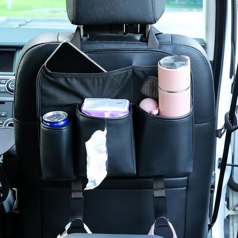 Amooca Car Backseat Organizer PU Leather Storage Bags Travel Accessories Large Pockets for Water Bottle Drink Tissue with Hooks in Kuwait