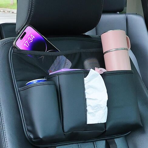 Amooca Car Backseat Organizer PU Leather Storage Bags Travel Accessories Large Pockets for Water Bottle Drink Tissue with Hooks in Kuwait