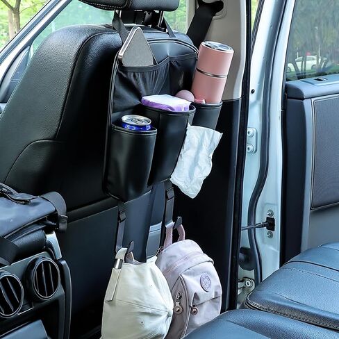 Amooca Car Backseat Organizer PU Leather Storage Bags Travel Accessories Large Pockets for Water Bottle Drink Tissue with Hooks in Kuwait