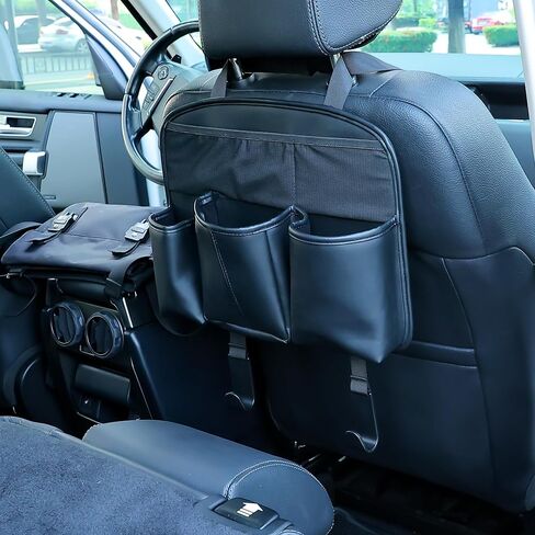 Amooca Car Backseat Organizer PU Leather Storage Bags Travel Accessories Large Pockets for Water Bottle Drink Tissue with Hooks in Kuwait